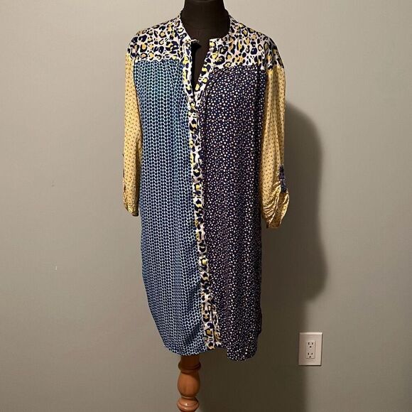 JAD Women's Viscose Patchwork Button Down Long Sleeve Tunic Shirt Dress Large - Picture 1 of 10